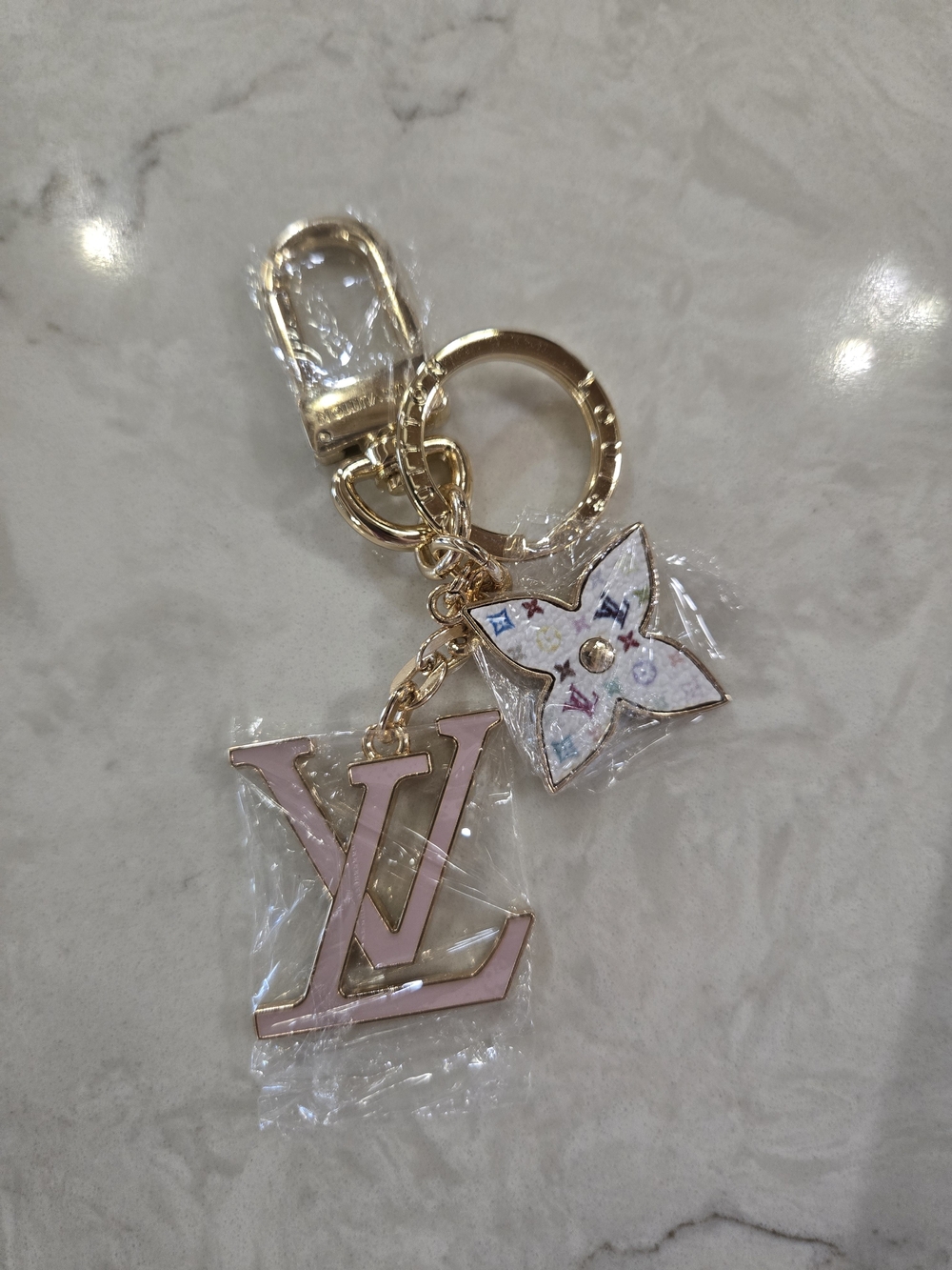 Louis Vuitton Pink and White Monogram Flower Keyring Charm with Gold Hardware